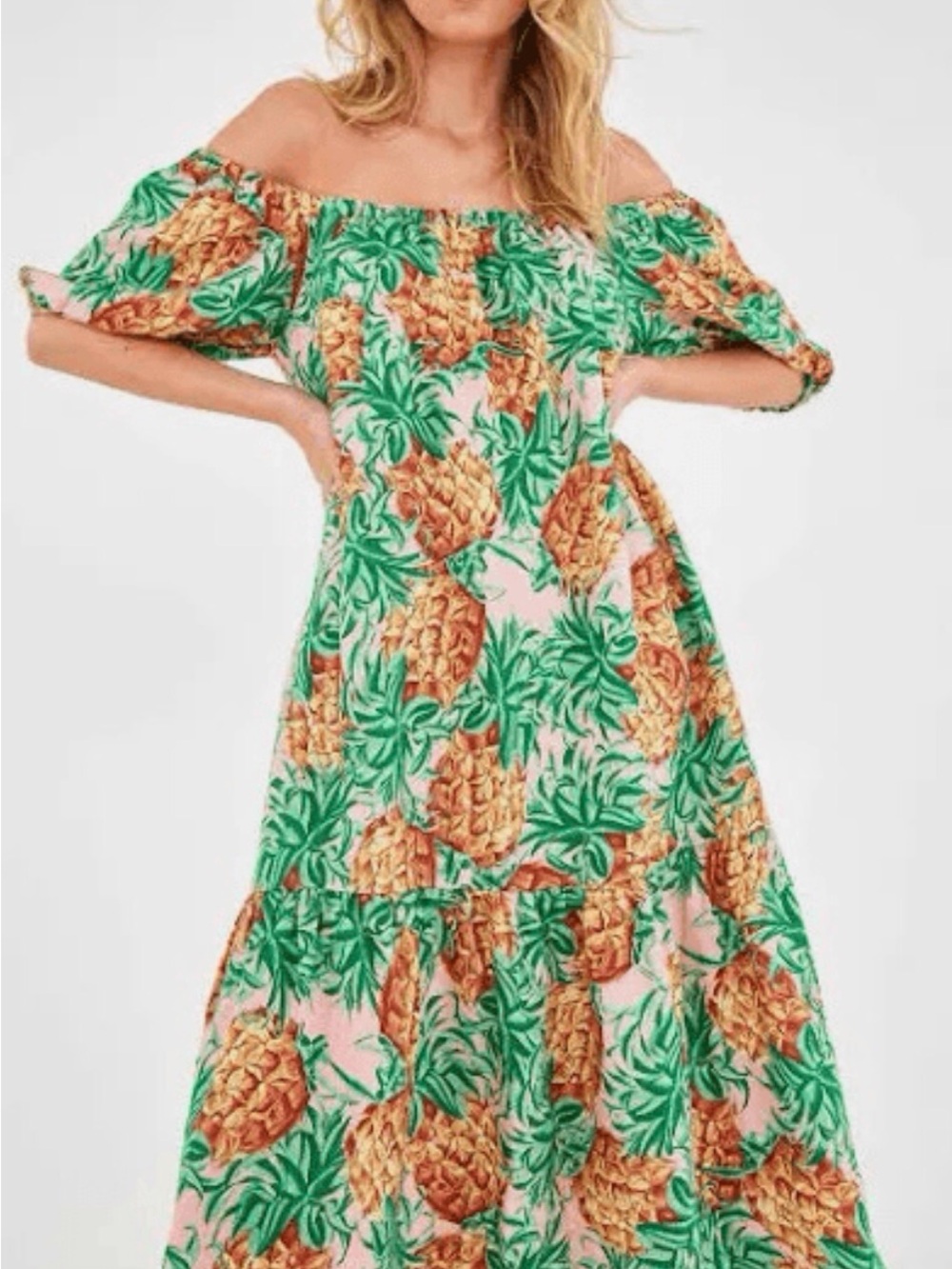 FARM Rio Pineapple Print Dress in Pink, Green and Gold